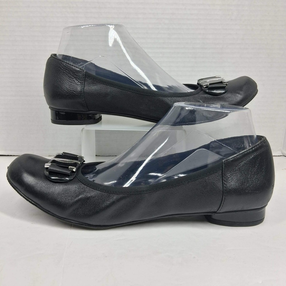 Rose Petals Classics Black Leather Buckle Ballet Flats‎ Low Block Heel 10S 49001